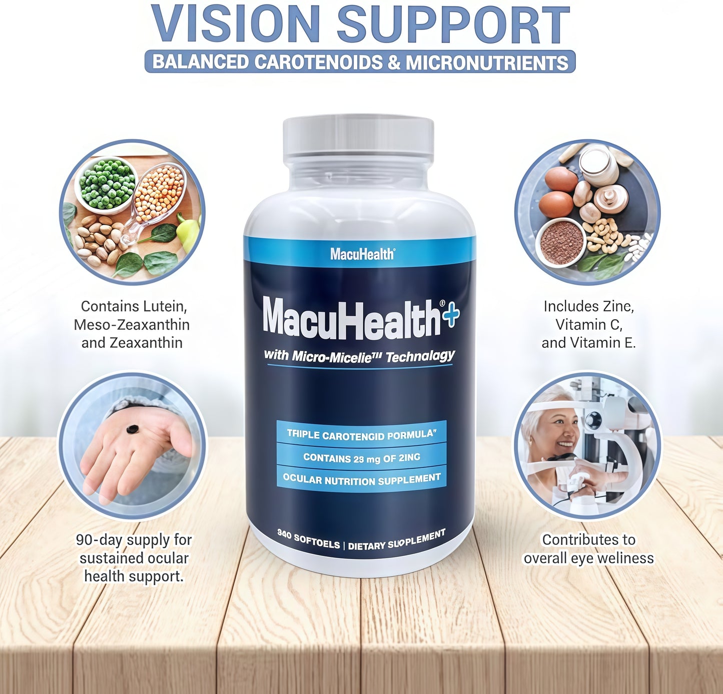 Macuhealth Plus+ Eye Vitamins Supplement for Adults - 90 Day Supply with Lutein, Zeaxanthin, and Meso-Zeaxanthin - Unflavored, Vitamin for Eyes