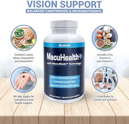 Macuhealth Plus+ Eye Vitamins Supplement for Adults - 90 Day Supply with Lutein, Zeaxanthin, and Meso-Zeaxanthin - Unflavored, Vitamin for Eyes
